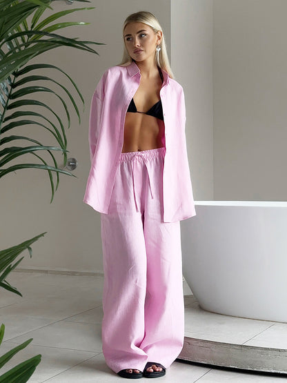 Cotton Shirt Trousers  Loose Long Sleeve Shirt Casual Two Piece Set