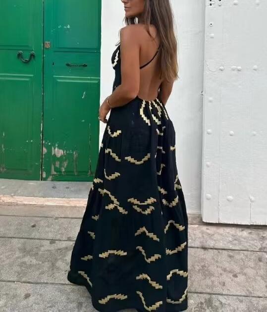 V neck Halter  Backless Slit Maxi Dress