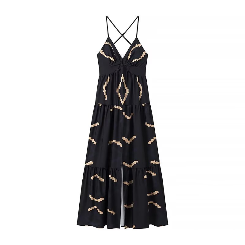 V neck Halter  Backless Slit Maxi Dress