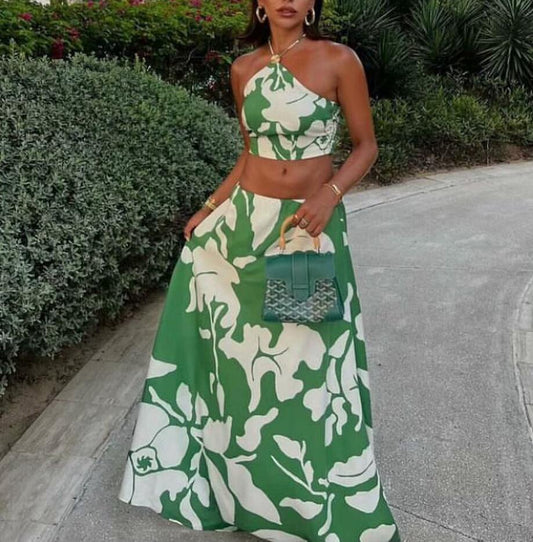 Women Clothing Summer Halter Short Top Skirt Set