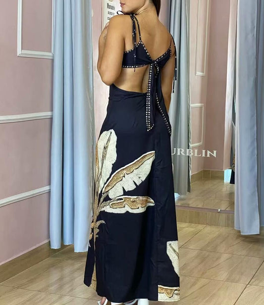 Backless Printed Black Slim Strap Dress