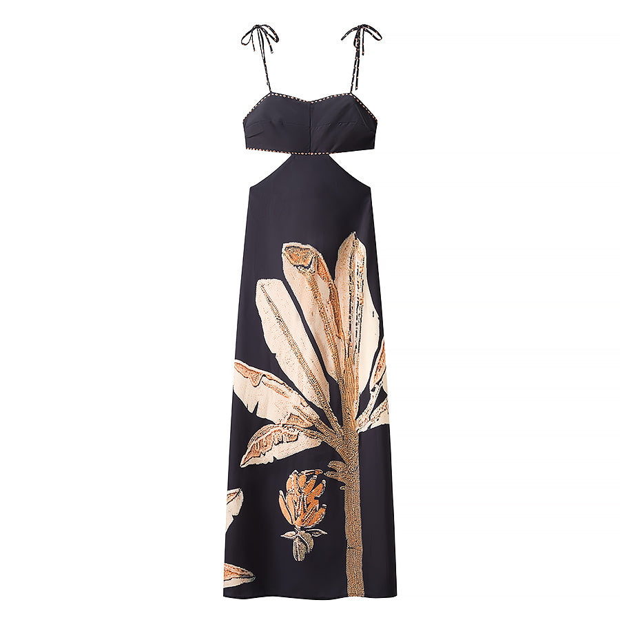 Backless Printed Black Slim Strap Dress