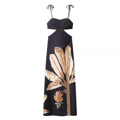 Backless Printed Black Slim Strap Dress