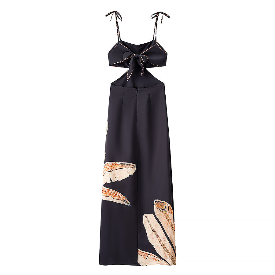 Backless Printed Black Slim Strap Dress