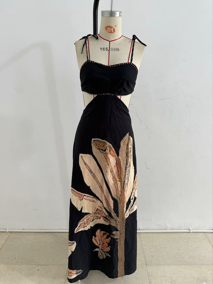Backless Printed Black Slim Strap Dress