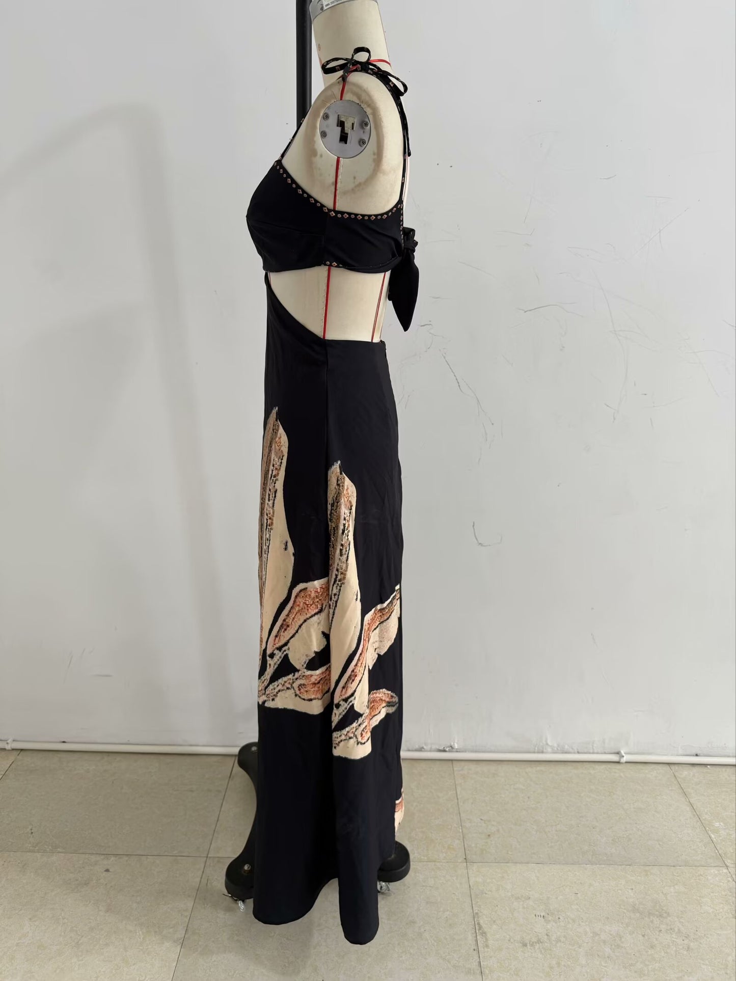Backless Printed Black Slim Strap Dress