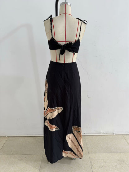 Backless Printed Black Slim Strap Dress