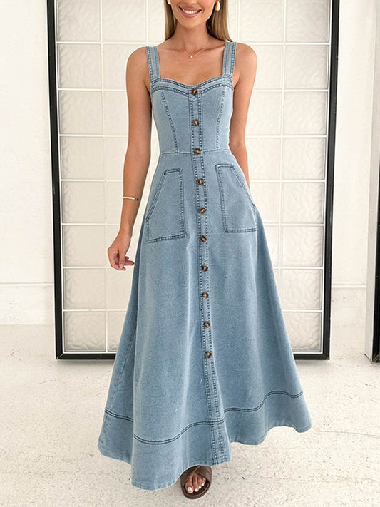 Sling Single Breasted Denim Mid Length Dress