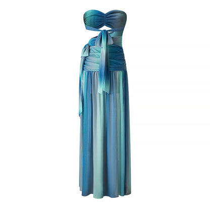 Printing Contrast Color Wrapped Chest Backless  Dress