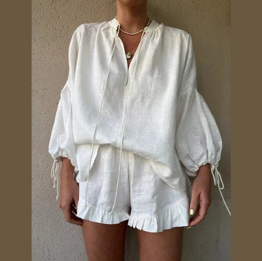 Casual Loose Lace Up Long Sleeve Linen Shirt