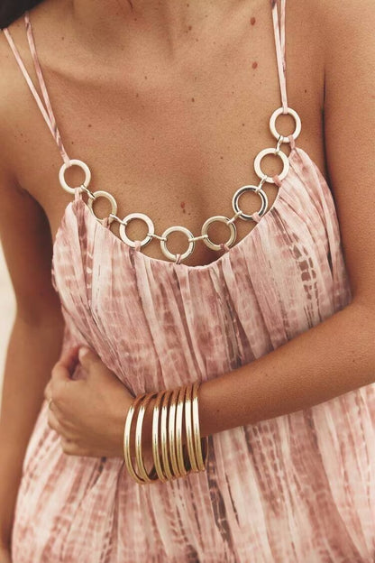 Women Ring Decoration Tie Dye V neck Strap Dress