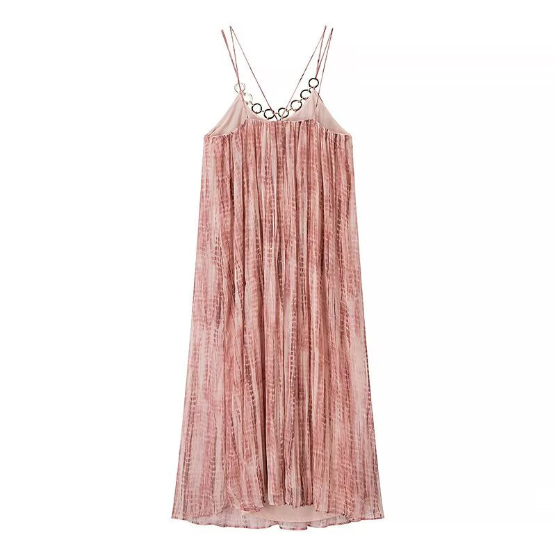 Women Ring Decoration Tie Dye V neck Strap Dress