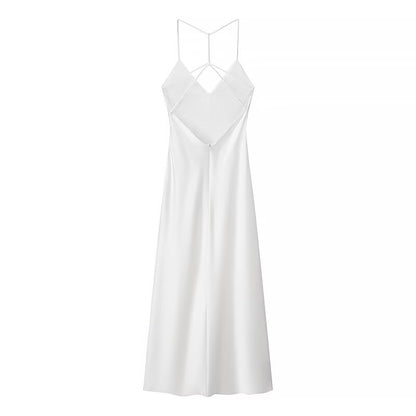 Elegant Back Sling Silk Satin Midi Suspender Dresses