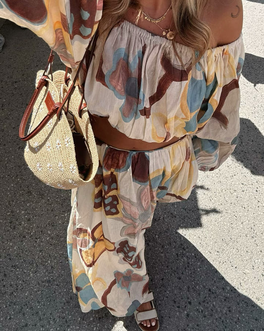 Casual Printing Long Sleeve Top Skirt Set