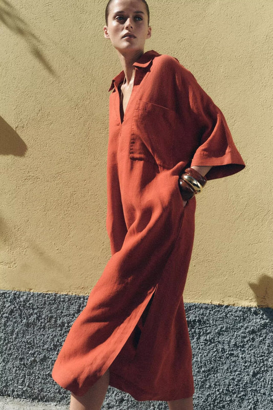 Polo Collar Solid Color  Loose Long Shirt Dress