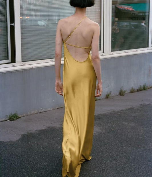 Yellow Asymmetric Silk Satin Texture Split Dress