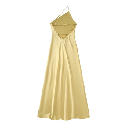 Yellow Asymmetric Silk Satin Texture Split Dress