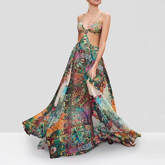 Maxi  Slimming  Front  Buckle Printed Dress