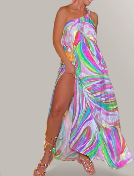 Printed Lace up Slit Backless Vacation  Maxi Dress