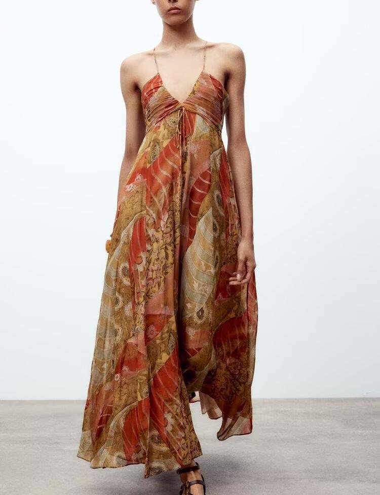 Boho floral vacation maxi dress with V-neck