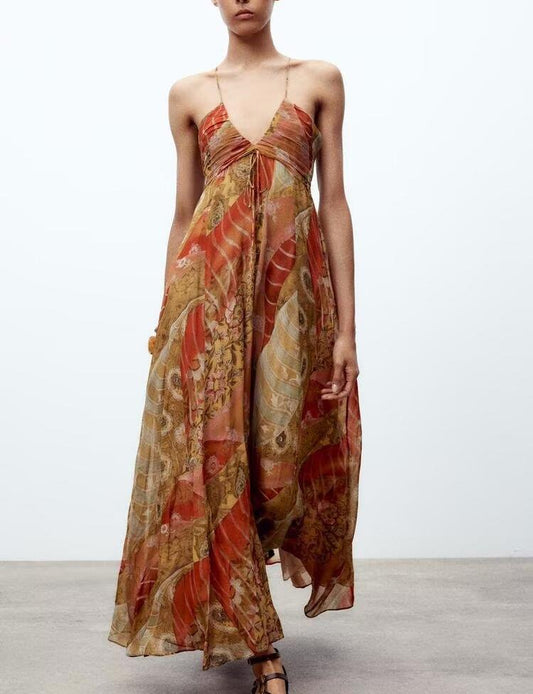 Boho floral vacation maxi dress with V-neck