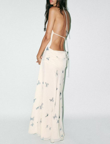 Printed Open Back  Maxi Dress With Ties