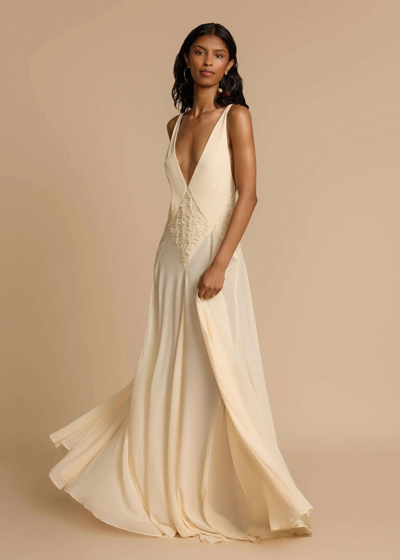 Lightweight polyester formal maxi dress sleeveless front view