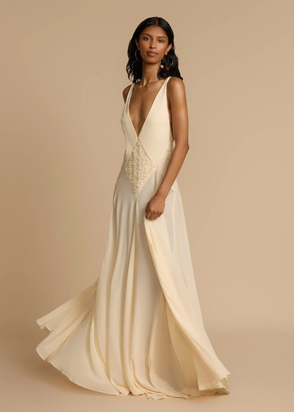 Lightweight polyester formal maxi dress sleeveless front view