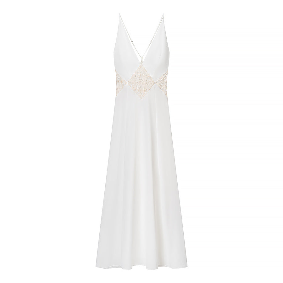 White V-neck A-line maxi dress with zipper and patchwork