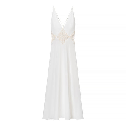 White V-neck A-line maxi dress with zipper and patchwork
