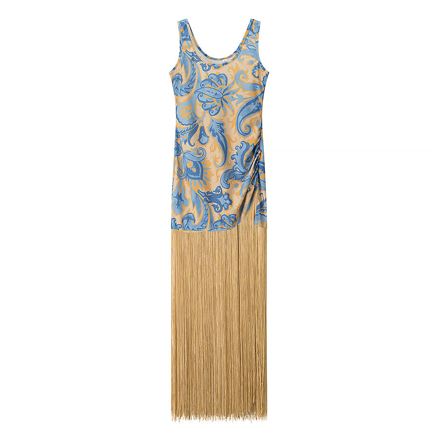 Sleeveless slim fit dress with fringe and zipper elements