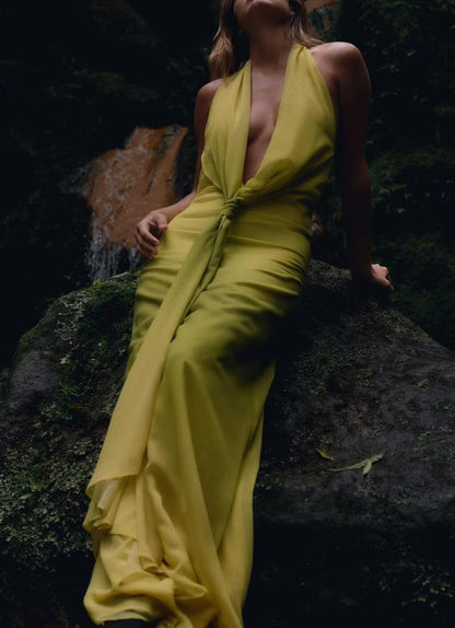 Green  sleeveless halter neckline Dress