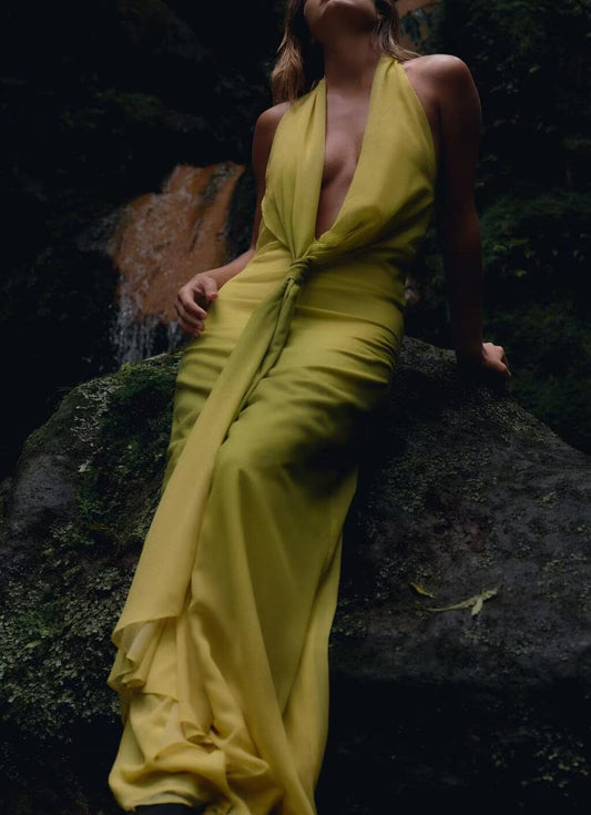 Green  sleeveless halter neckline Dress