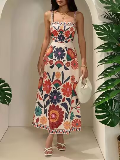 Front Boho floral maxi cami dress with spaghetti straps