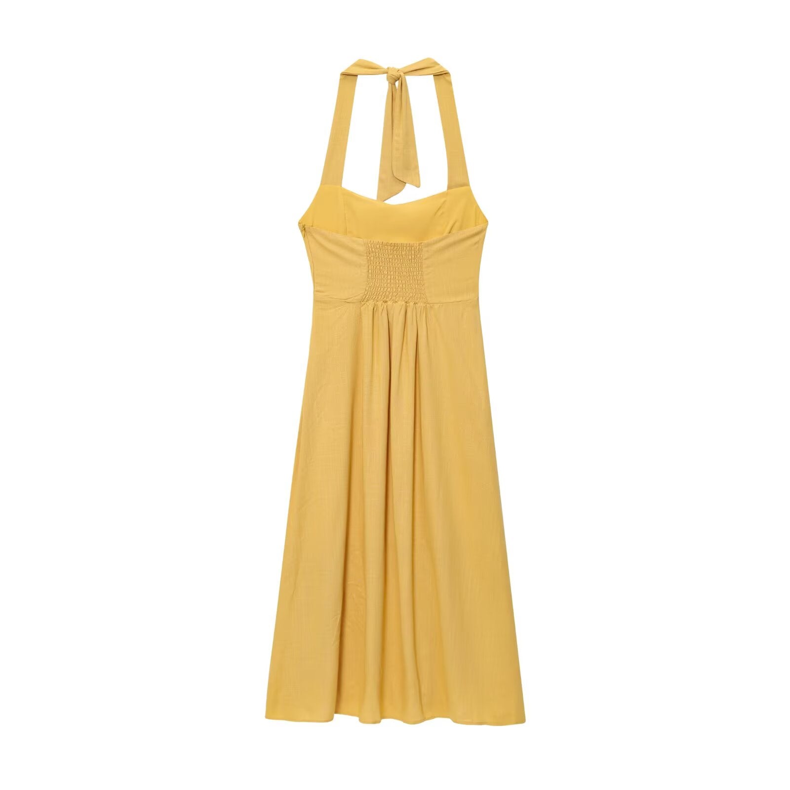 "Sleeveless A-line summer maxi dress with tie and zipper detail"