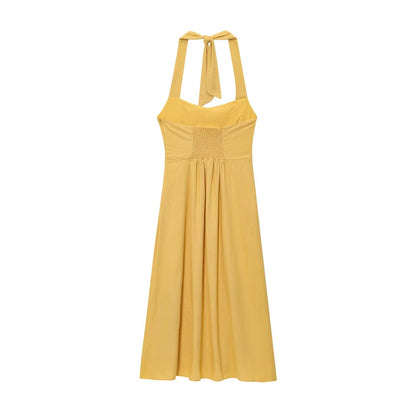 "Sleeveless A-line summer maxi dress with tie and zipper detail"