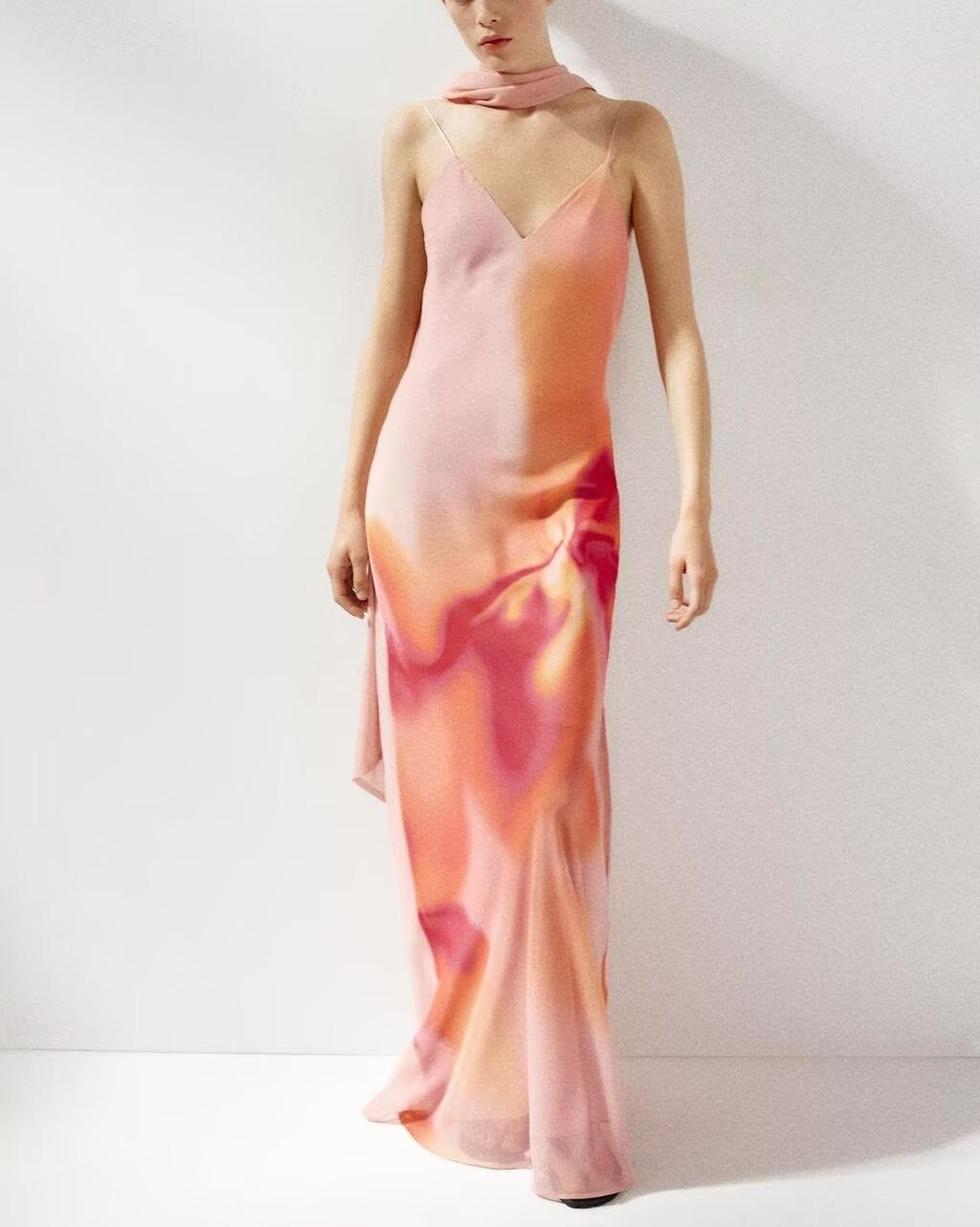 Front red printing Summer vacation polyester maxi dress