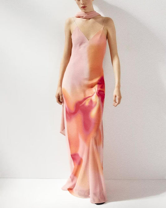 Front red printing Summer vacation polyester maxi dress