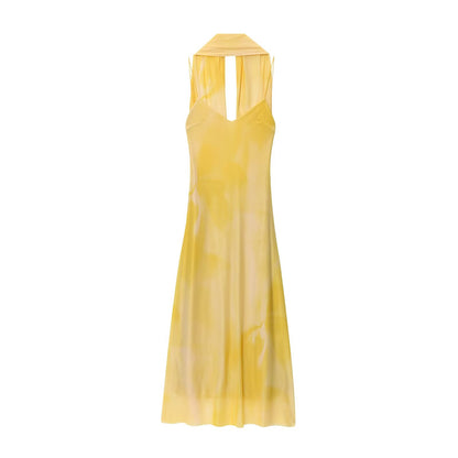 Yellow printing Sleeveless boho maxi dress