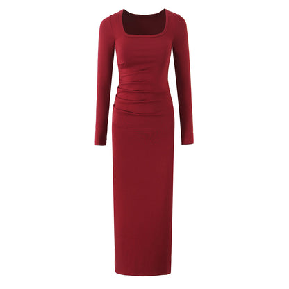 Round Neck Elegant Pleated Long Sleeve Knitted Dress