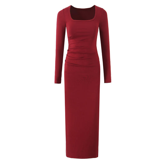 Round Neck Elegant Pleated Long Sleeve Knitted Dress