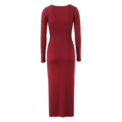 Round Neck Elegant Pleated Long Sleeve Knitted Dress