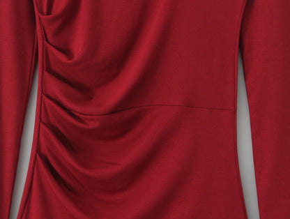 Round Neck Elegant Pleated Long Sleeve Knitted Dress