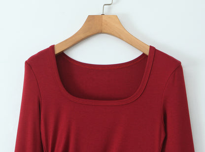 Round Neck Elegant Pleated Long Sleeve Knitted Dress