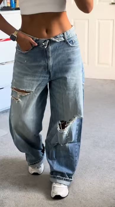 Straight Water Washed Loose Mid Waist Jeans