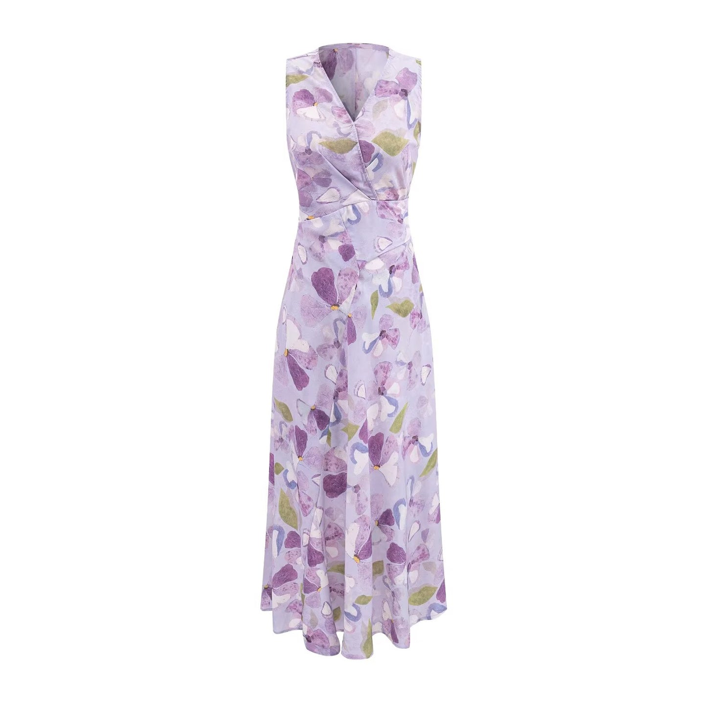 Printed Cross V neck Waist Controlled Lace up Sleeveless Dress