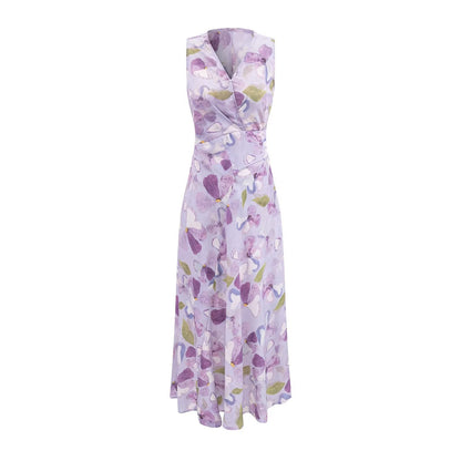 Printed Cross V neck Waist Controlled Lace up Sleeveless Dress