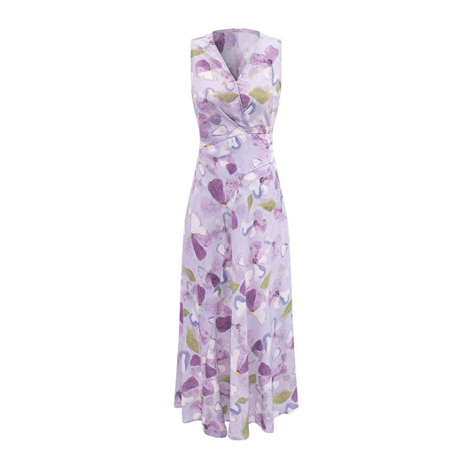 Printed Cross V neck Waist Controlled Lace up Sleeveless Dress