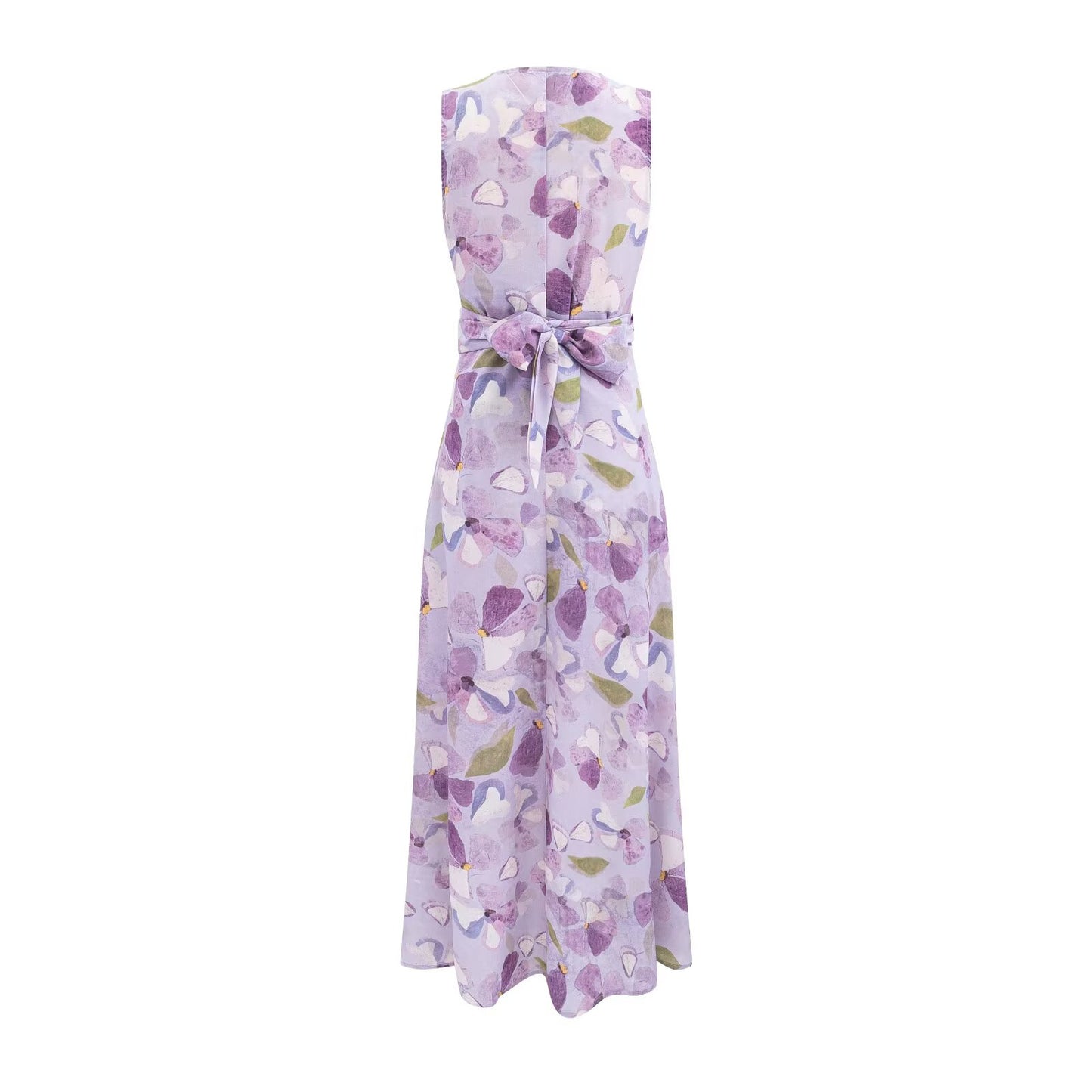 Printed Cross V neck Waist Controlled Lace up Sleeveless Dress