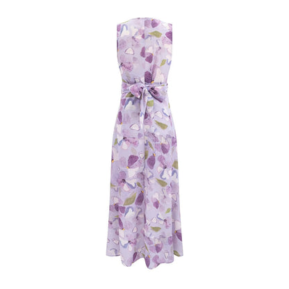 Printed Cross V neck Waist Controlled Lace up Sleeveless Dress